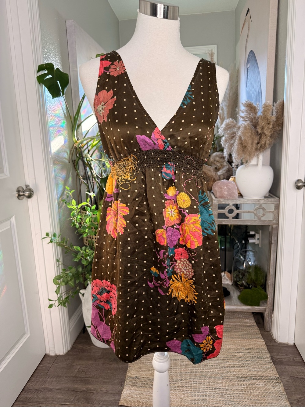 Flounce Silk Brown Floral Polka Dot V-Neck Sundress
